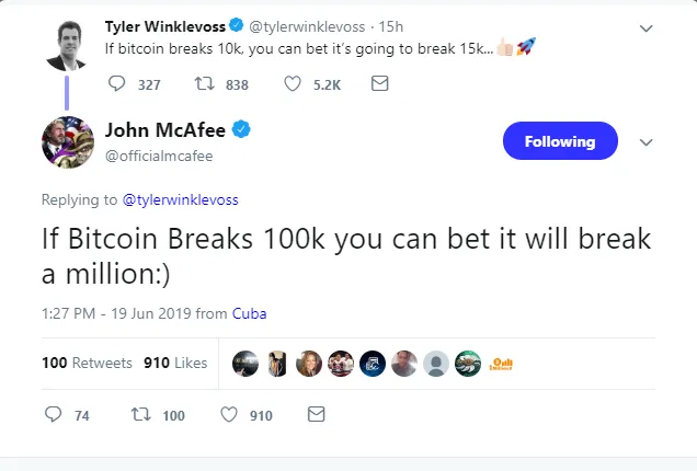 McAfee responded, saying that if BTC can hit $100,000