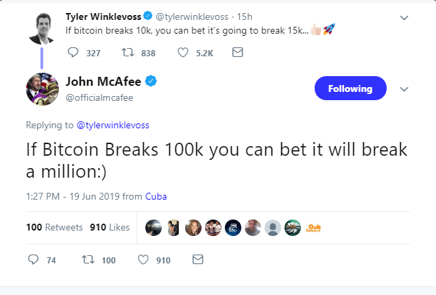 McAfee responded, saying that if BTC can hit $100,000