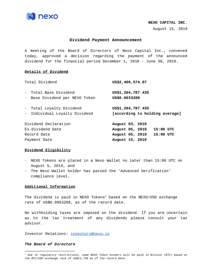 Dividend Payment Announcement