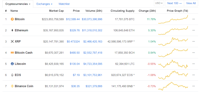 The top 7 coins by market capitalization