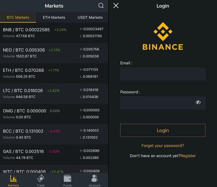 Binance mobile app interface