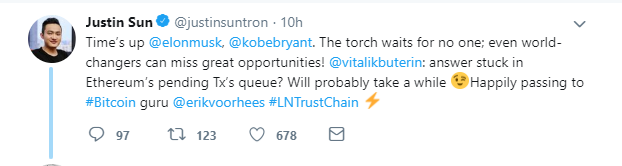 Justin Sun receives, offers Vitalik Buterin to take over