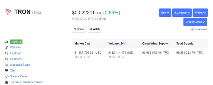 Tron price 07/29/19