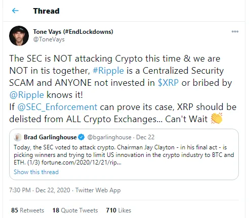 Tone Vays slams XRP