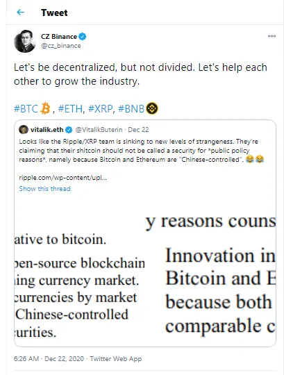 Binance's CZ suports Ripple