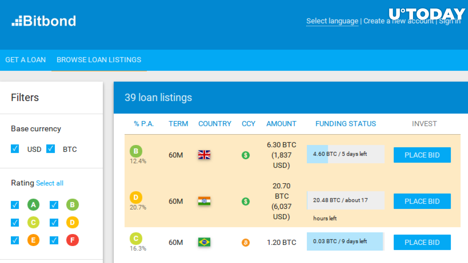 Bitcoin lending website interface: bid list