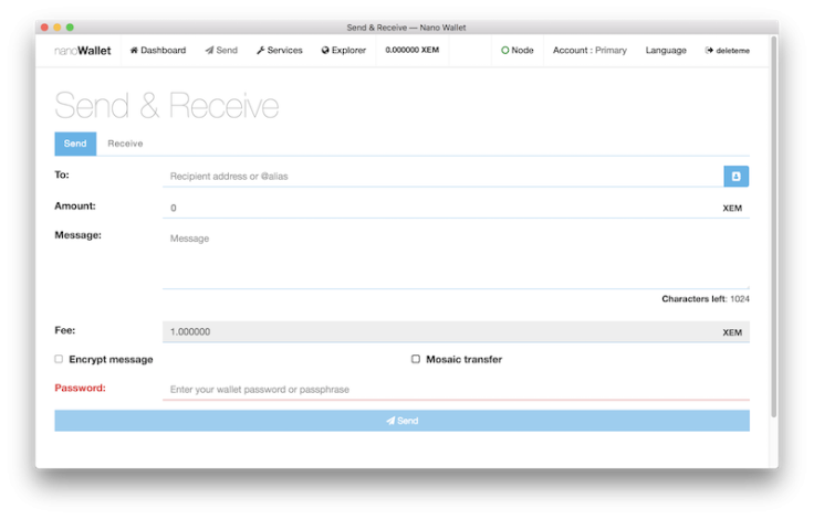 NEM NANO wallet interface
