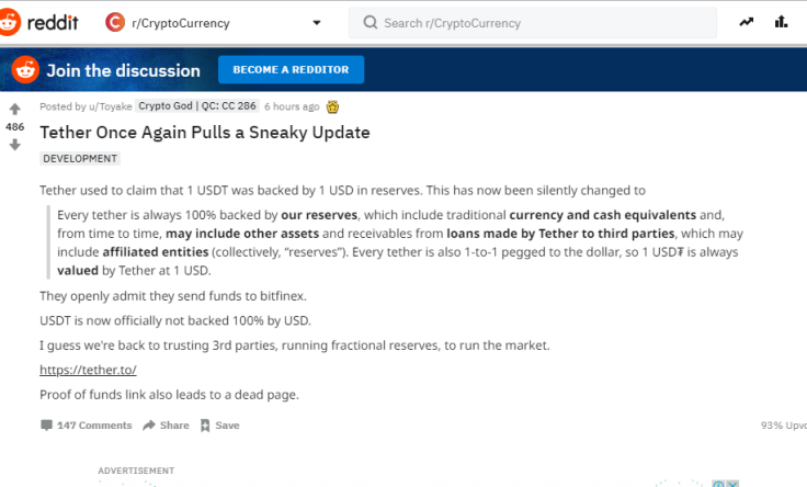Tether Provides Update, Admitting USDT Is Not 100% USD-Backed