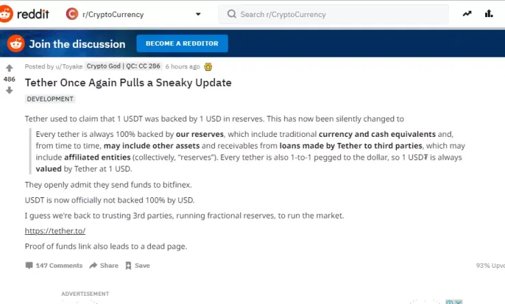 Tether Provides Update, Admitting USDT Is Not 100% USD-Backed