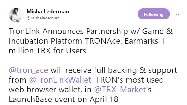 TronLink Wallet Teams Up with TRONAce, Big Bounty for TronLink Users Coming