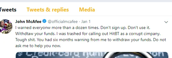 McAfee shoots a tweet at HitBTC