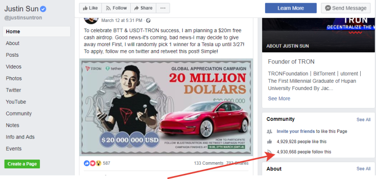 Justin Sun’s Twitter Account Reaches 1 Mln Followers, Part of Those Suspected to Be Fake