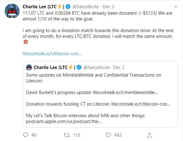 Charlie Lee Will Redouble Every Donation For MW Implementation