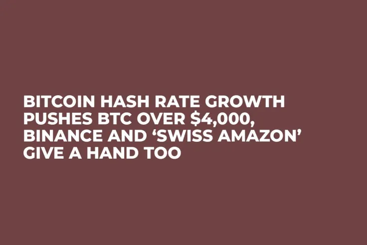 Bitcoin Hash Rate Growth Pushes BTC over $4,000, Binance and ‘Swiss Amazon’ Give a Hand Too