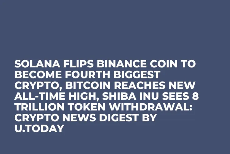 Solana Flips Binance Coin to Become Fourth Biggest Crypto, Bitcoin Reaches New All-Time High, Shiba Inu Sees 8 Trillion Token Withdrawal: Crypto News Digest by U.Today