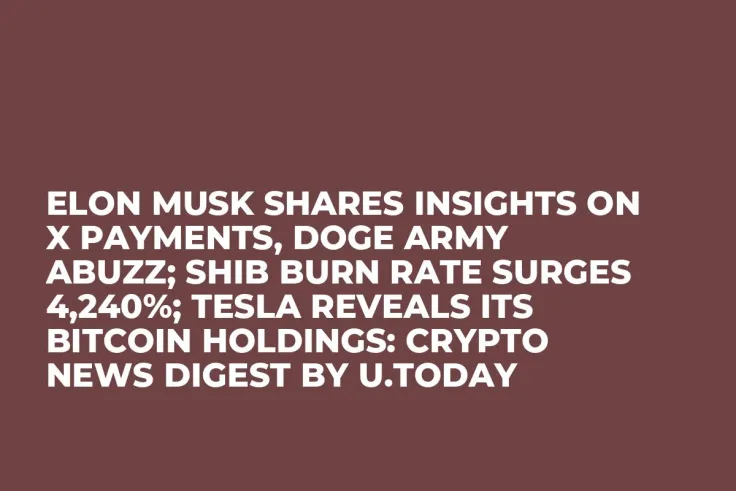 Elon Musk Shares Insights on X Payments, DOGE Army Abuzz; SHIB Burn Rate Surges 4,240%; Tesla Reveals Its Bitcoin Holdings: Crypto News Digest by U.Today