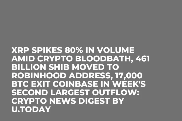 XRP Spikes 80% in Volume Amid Crypto Bloodbath, 461 Billion SHIB Moved to Robinhood Address, 17,000 BTC Exit Coinbase in Week's Second Largest Outflow: Crypto News Digest by U.Today