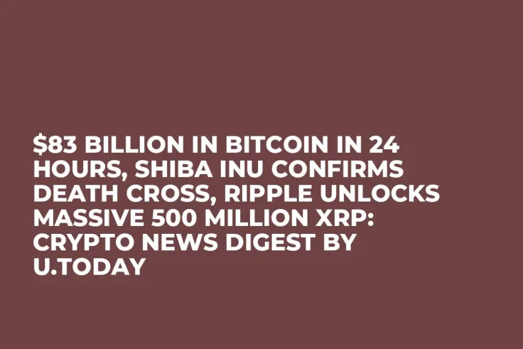 $83 Billion in Bitcoin in 24 Hours, Shiba Inu Confirms Death Cross, Ripple Unlocks Massive 500 Million XRP: Crypto News Digest by U.Today