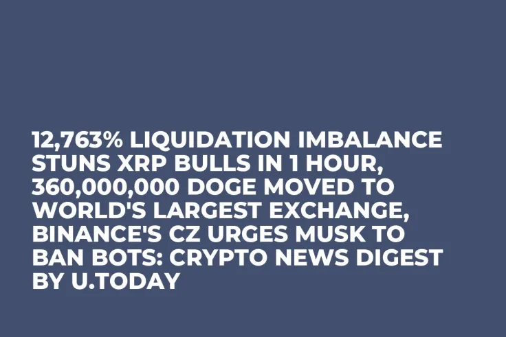 12,763% Liquidation Imbalance Stuns XRP Bulls in 1 Hour, 360,000,000 DOGE Moved to World's Largest Exchange, Binance's CZ Urges Musk to Ban Bots: Crypto News Digest by U.Today