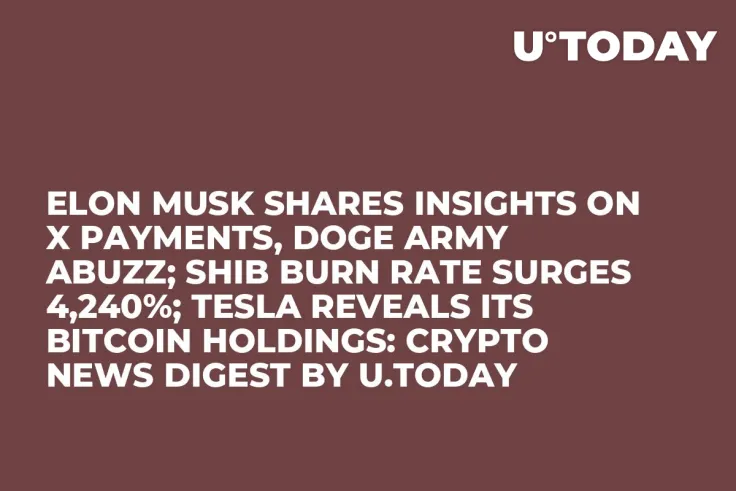 Elon Musk Shares Insights on X Payments, DOGE Army Abuzz; SHIB Burn Rate Surges 4,240%; Tesla Reveals Its Bitcoin Holdings: Crypto News Digest by U.Today