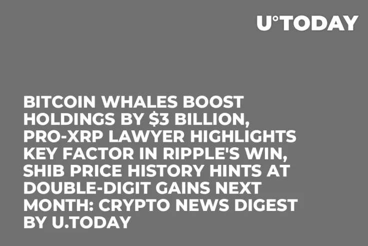 Bitcoin Whales Boost Holdings by $3 Billion, Pro-XRP Lawyer Highlights Key Factor in Ripple's Win, SHIB Price History Hints at Double-Digit Gains Next Month: Crypto News Digest by U.Today