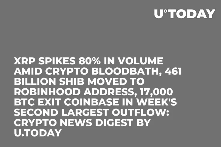 XRP Spikes 80% in Volume Amid Crypto Bloodbath, 461 Billion SHIB Moved to Robinhood Address, 17,000 BTC Exit Coinbase in Week's Second Largest Outflow: Crypto News Digest by U.Today