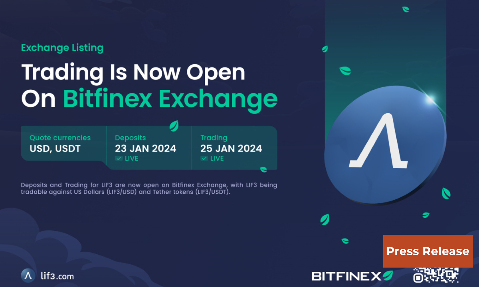 Lif3 Accelerates DeFi Adoption and Innovation with BitFinex Listing